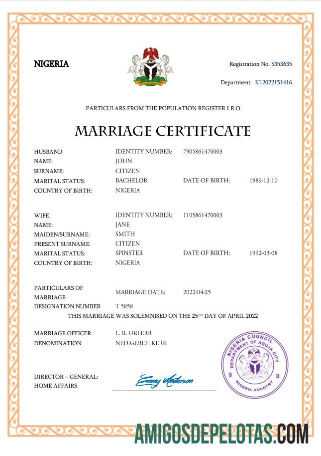 Em branco modelo Word e PDF de certidão de casamento na Nigéria